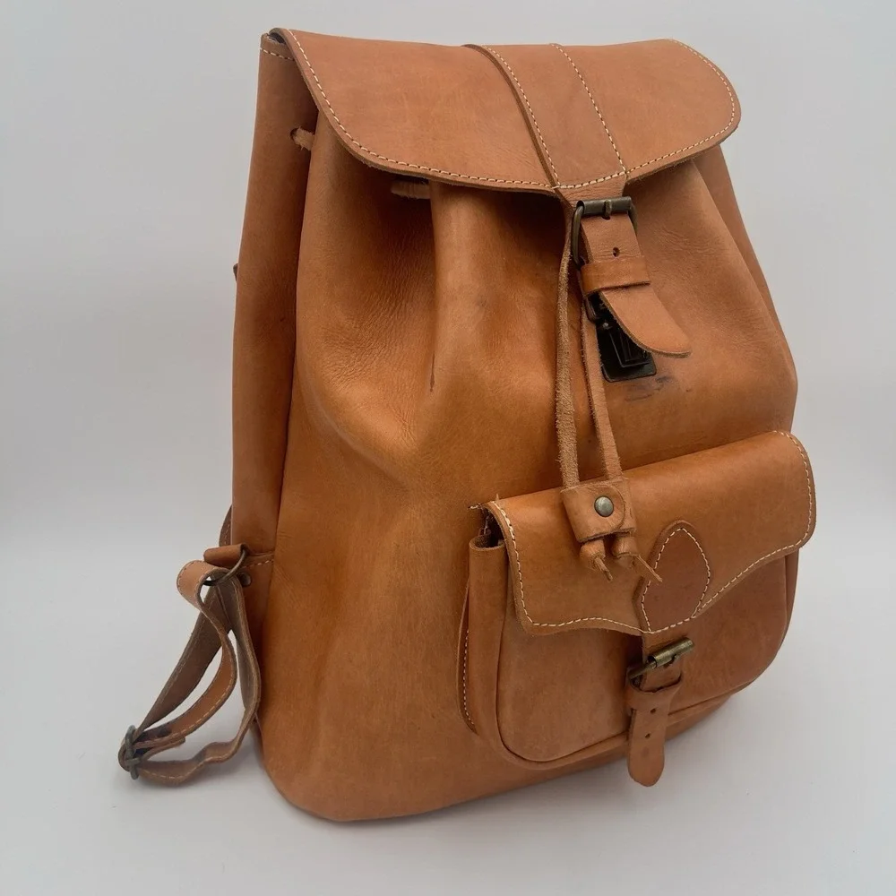 Brown Leather Hiking Backpack 15L Drawstring Buckle 2-Pocket Adjustable Straps
